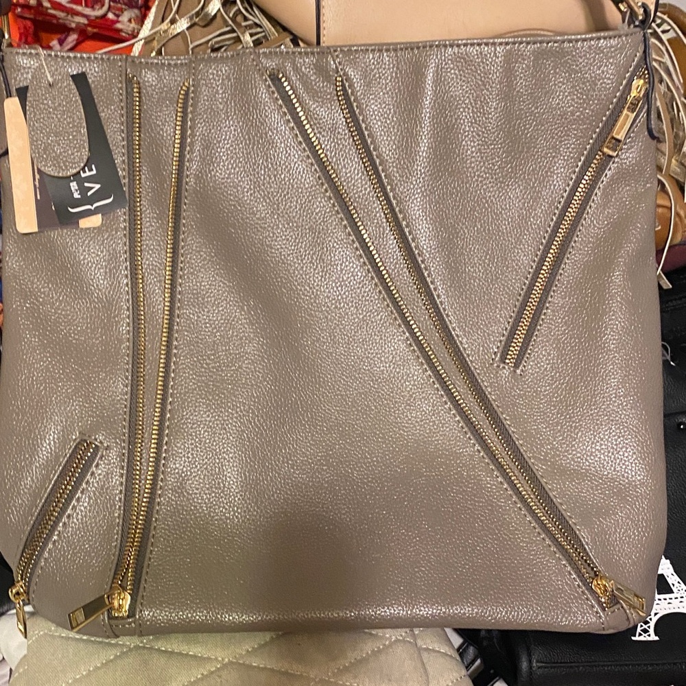 Mellow World Gray Leather Shoulder Bag with Gold Zippers